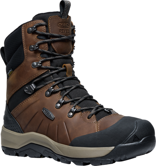 Brown leather hiking boot with black accents, tall shaft, lace-up closure, and rugged sole.