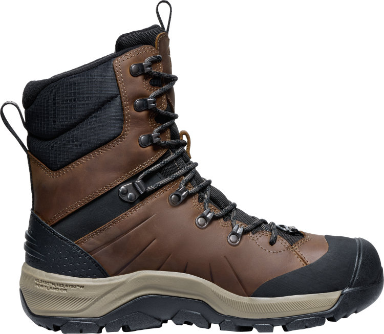 A high-cut brown leather boot with black fabric collar and toe protector, featuring metal eyelets and a beige midsole.