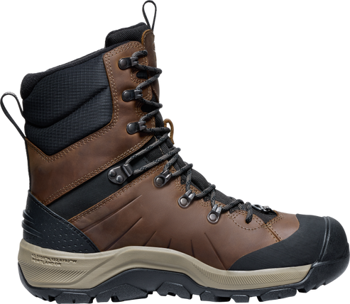 A high-cut brown leather boot with black fabric collar and toe protector, featuring metal eyelets and a beige midsole.
