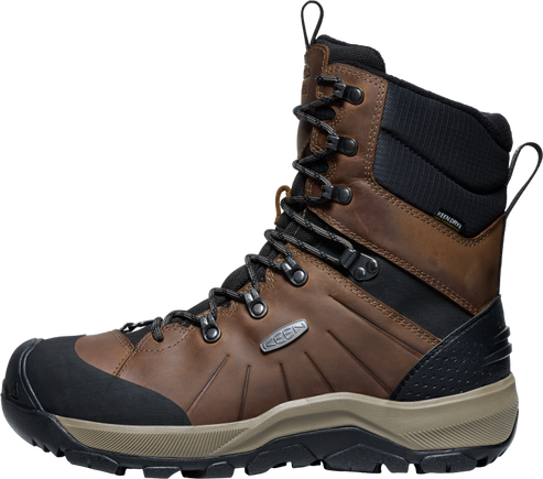 Brown high-cut hiking boot with a black toe and dark gray laces.