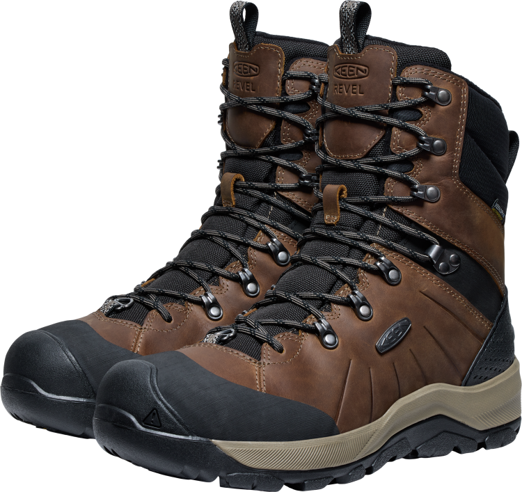 Pair of brown leather hiking boots with black soles and laces.