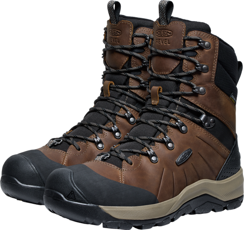 Pair of brown leather hiking boots with black soles and laces.