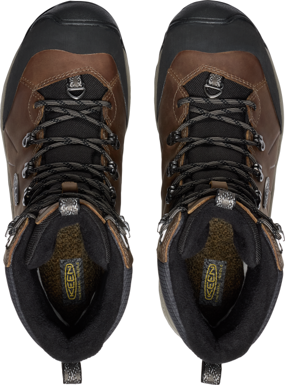 Top-down view of brown and black high-top hiking boots with laces.