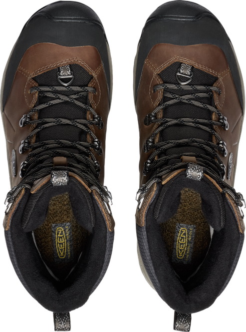 Top-down view of brown and black high-top hiking boots with laces.