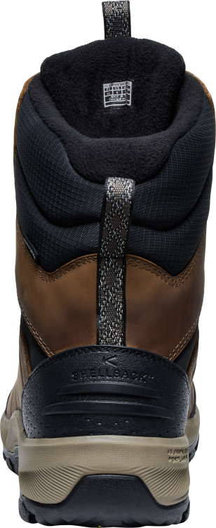 Back view of a brown and black hiking boot with a patterned gray fabric pull tab.