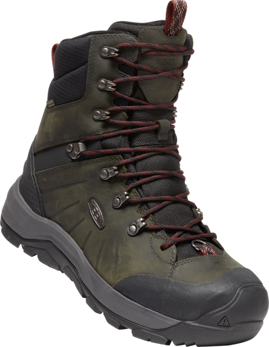 Dark olive-colored leather high-top winter boot with red laces.