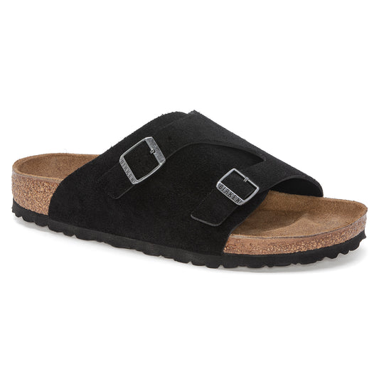 Black two-strap sandal with adjustable metal buckles and cork sole.