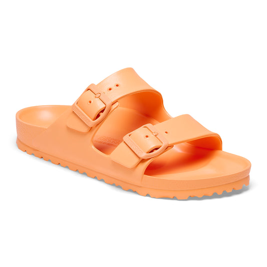 Orange, open-toed, two-strap sandal with adjustable buckles.