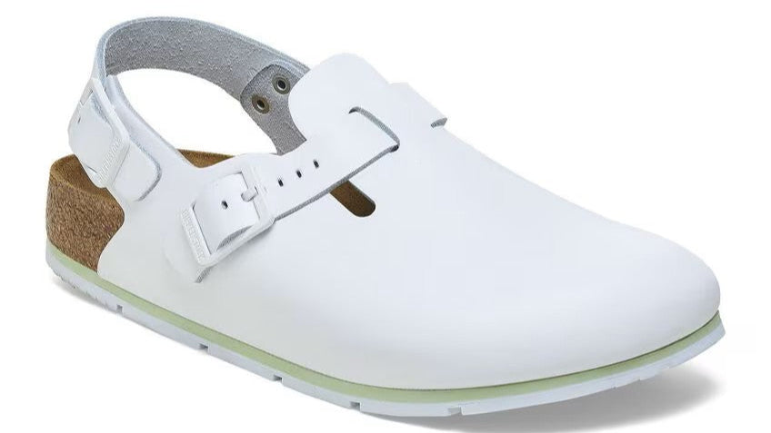 White clog sandal with a buckled strap.