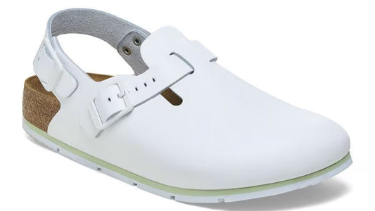 White clog sandal with a buckled strap.
