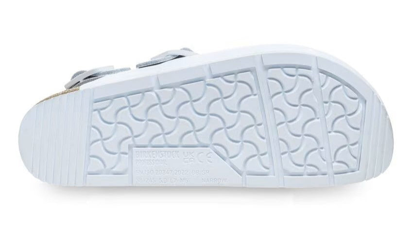 White sandal sole with symmetrical wavy tread pattern.