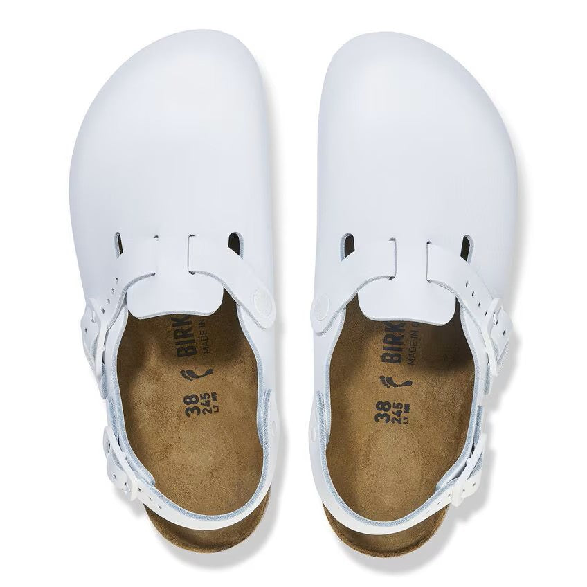 Top view of two identical white clogs with brown insoles showing the text "BIRK 38 245 L7 M5".