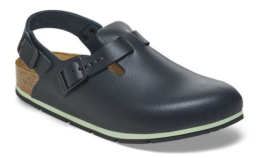 Navy clog with buckle strap and heel strap on a cork midsole with a black sole.