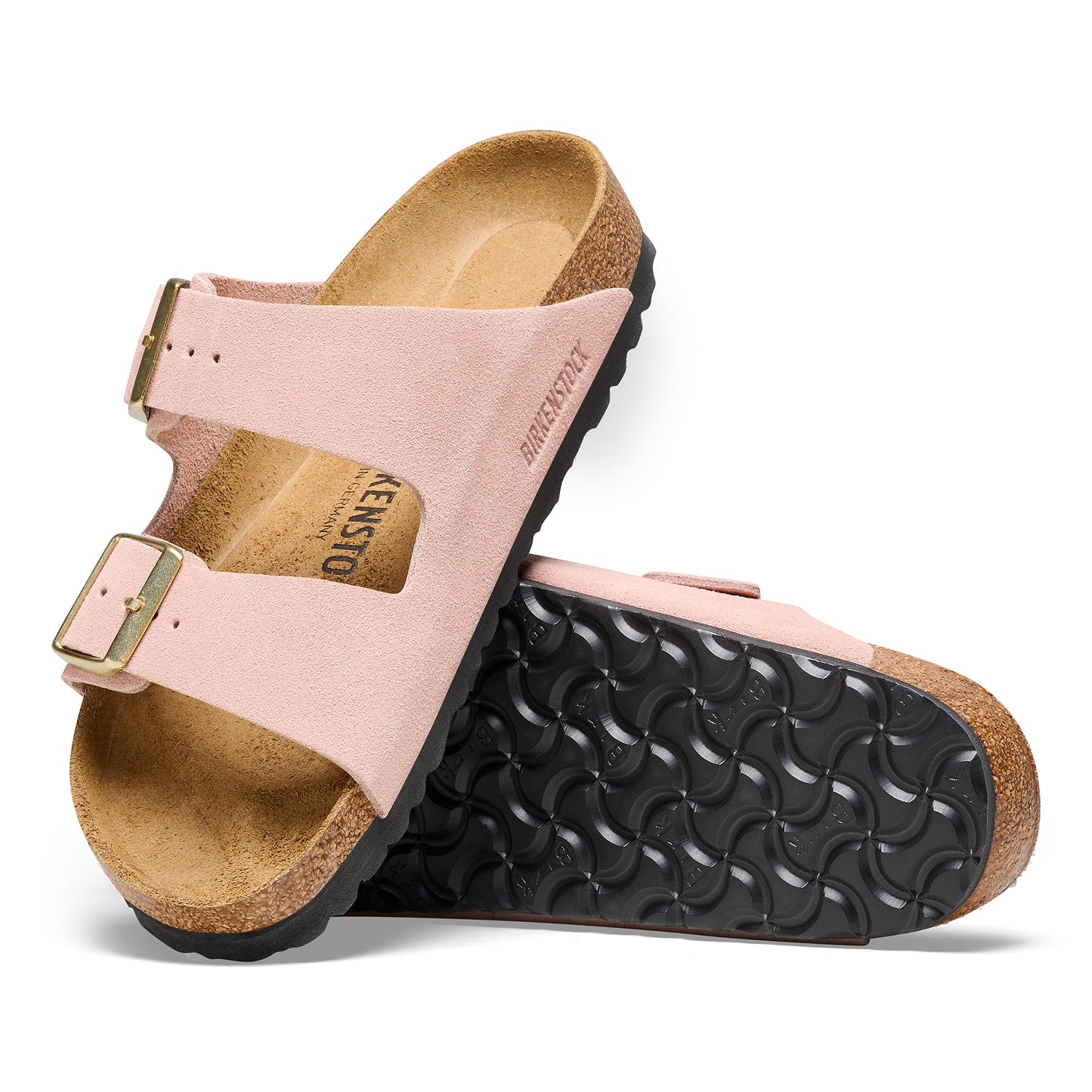 Pink, two-strap slide sandals with gold buckles and cork sole.