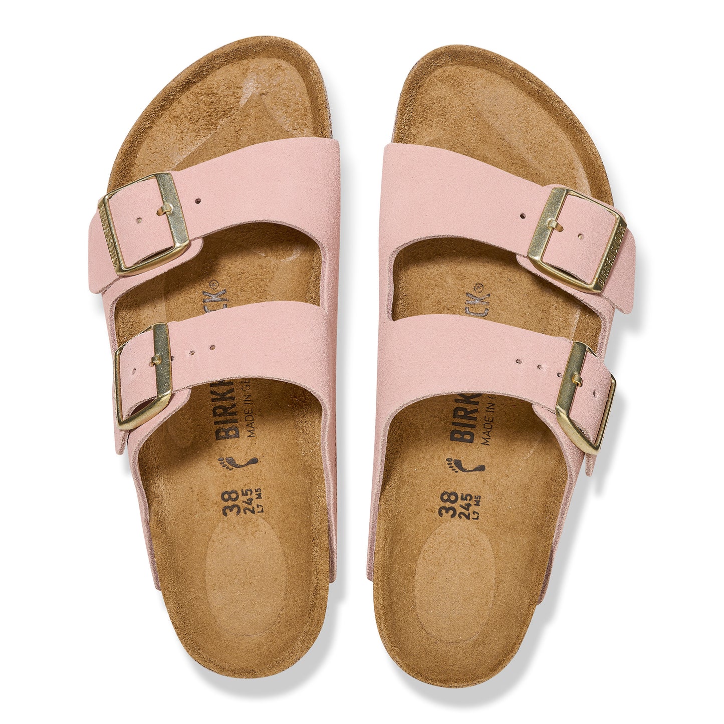 Two pink sandals with two straps and silver buckles.