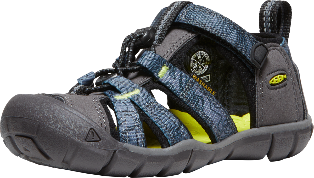 A water shoe in gray and blue with a yellow insole.