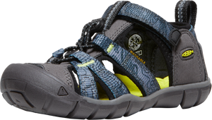 A water shoe in gray and blue with a yellow insole.