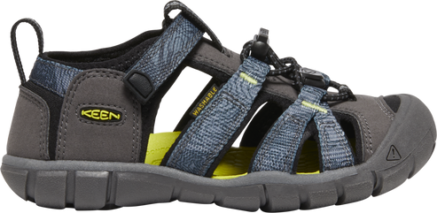 Gray sandal with navy blue patterned straps and yellow accents.