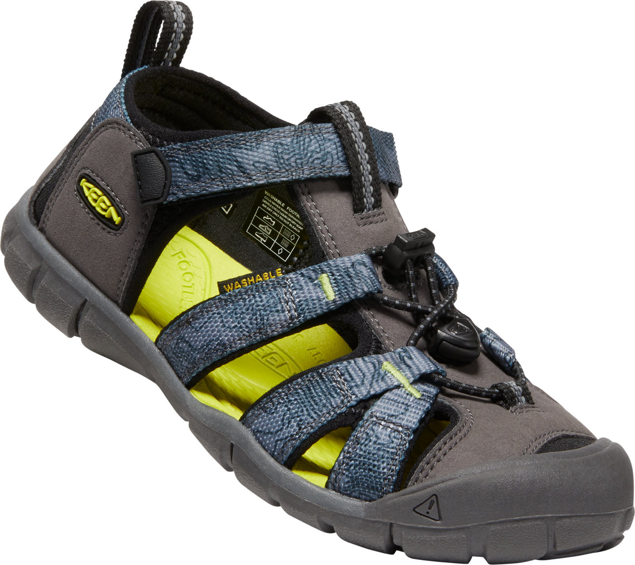 Gray and blue sandal with adjustable straps and a black drawstring.