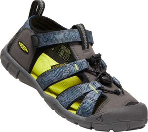 Gray and blue sandal with adjustable straps and a black drawstring.