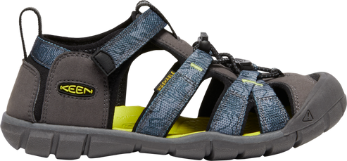 A gray sandal with blue patterned straps and a yellow insole.