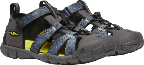 a pair of open toe dark gray sandals with navy blue criss cross straps and a pull string to tighten