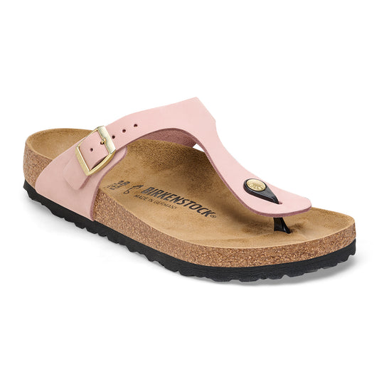 Pink thong sandal with an adjustable buckle.