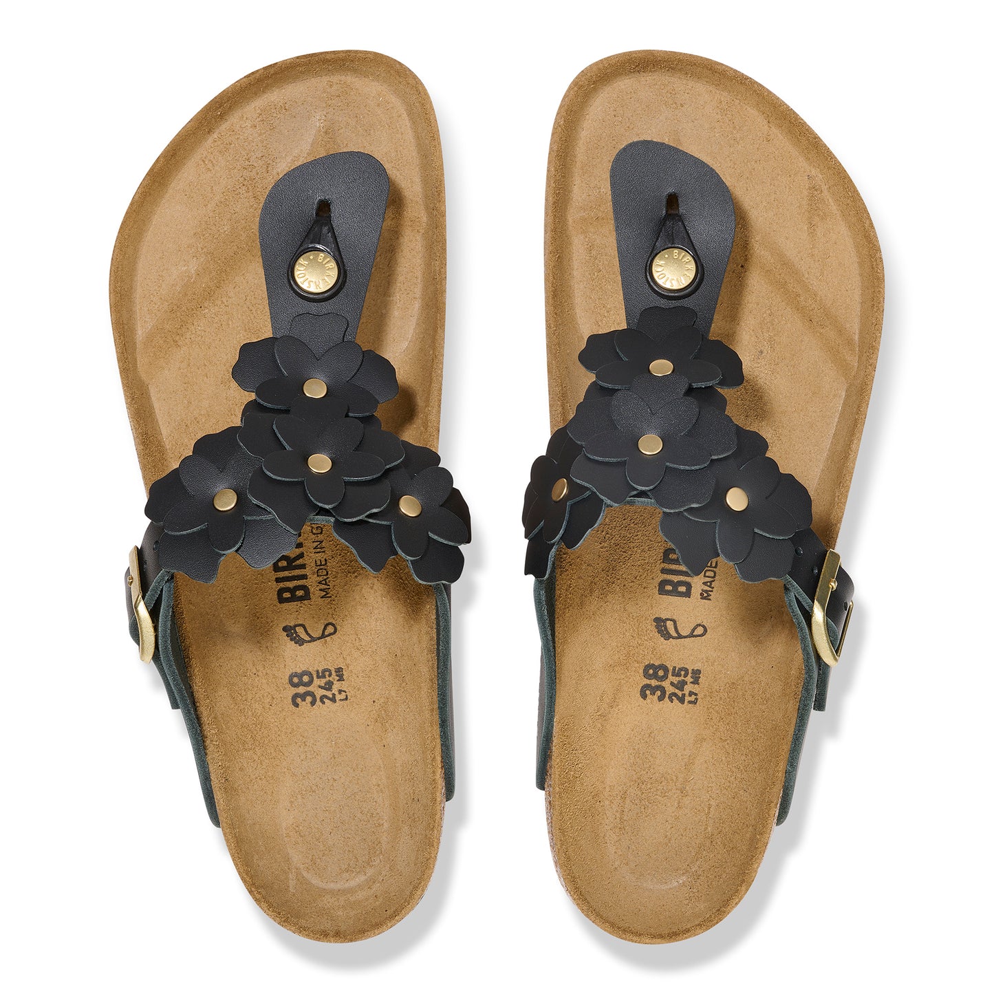 Pair of black flip-flops with black leather floral accents.