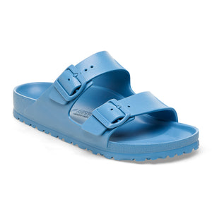 Blue two-strap slide sandal with buckle closures.