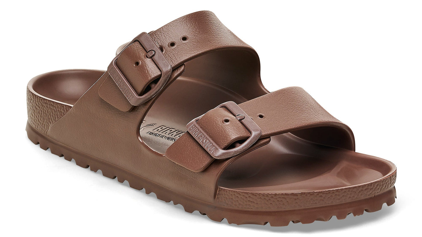 Brown two-strap sandal with adjustable buckles.