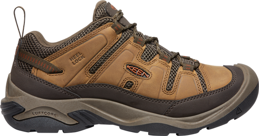 Brown hiking shoe with mesh, laces, HEEL LOCK text, and a lugged sole.
