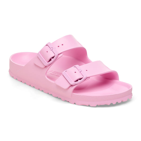 Pink, two-strap slide sandal with buckle closures.