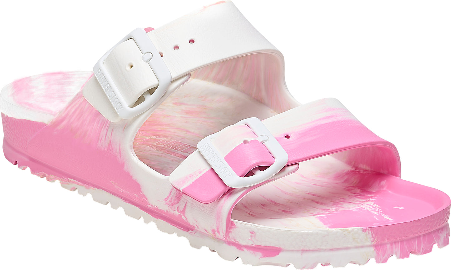 Pink and white tie-dye molded sandals with two adjustable straps and white buckles.
