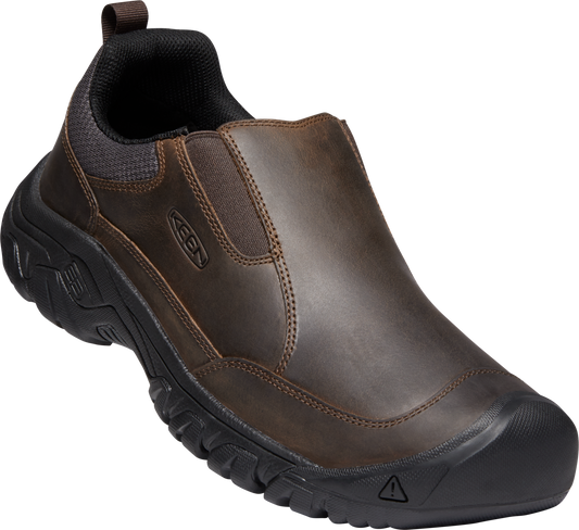 Brown leather slip-on shoe with a black sole and gray trim.