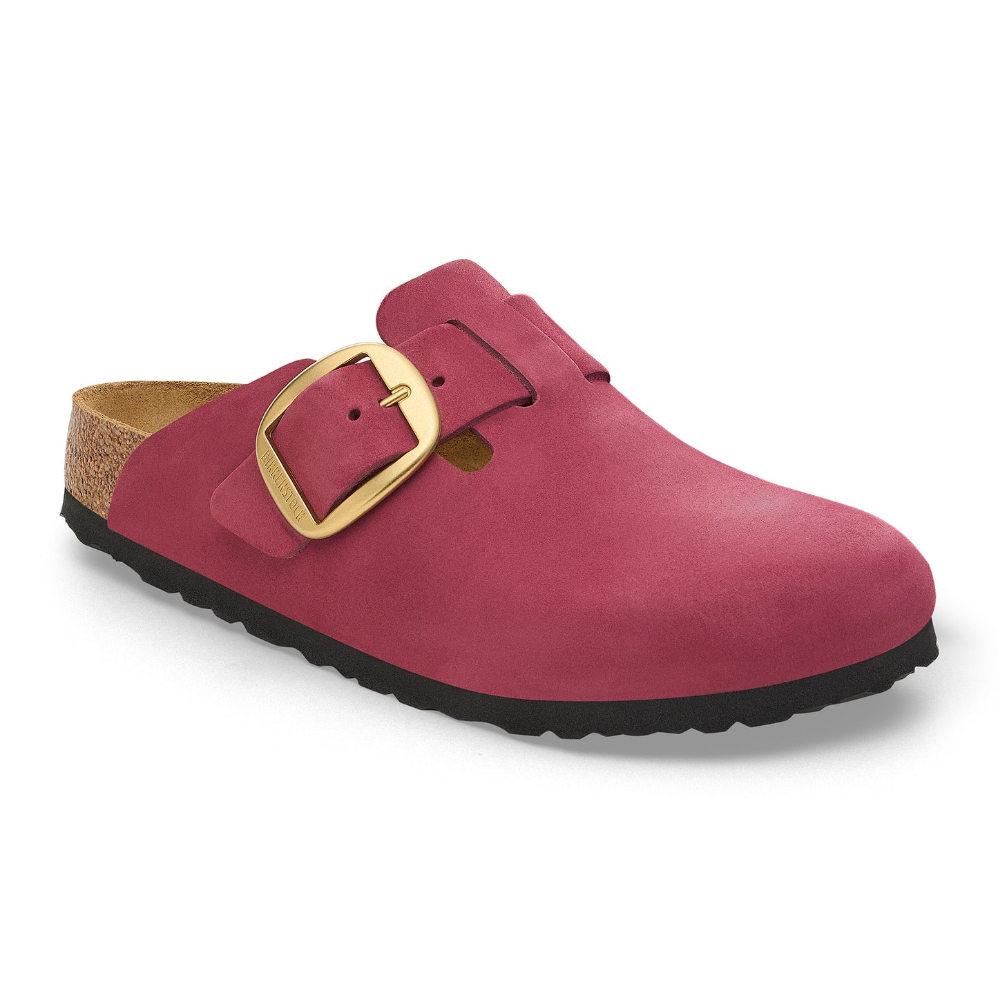 Slip-on shoe in dark red with a cork sole and a large gold buckle.