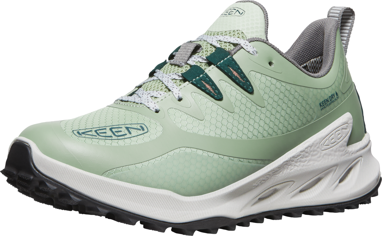 Mint green athletic shoe with grey lining, white midsole and black tread.