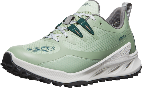 Mint green athletic shoe with grey lining, white midsole and black tread.
