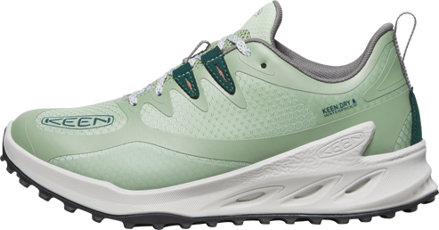 Light green athletic shoe with white laces and sole; KEEN logo on the side.
