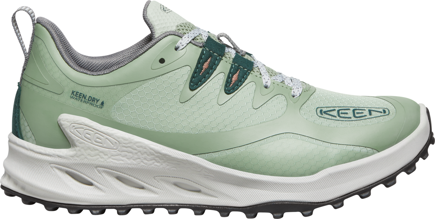 Low profile mint running shoe with white sole and dark green accents; "KEEN DRY" and "KEEN" appear on the upper.