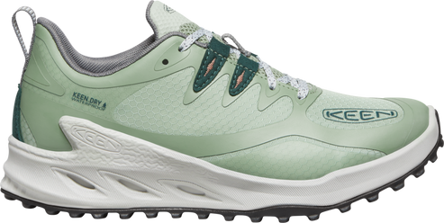 Low profile mint running shoe with white sole and dark green accents; "KEEN DRY" and "KEEN" appear on the upper.