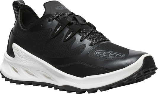 Black and white athletic shoe with KEEN logo and patterned laces.