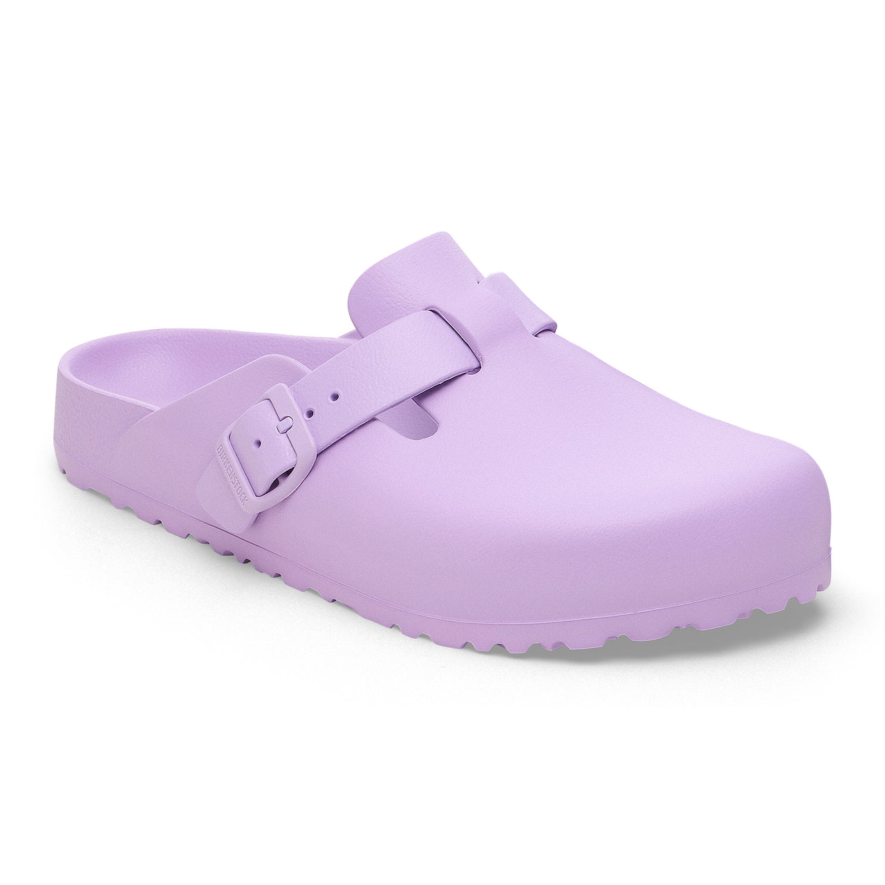 Lilac clog shoe with adjustable buckle.