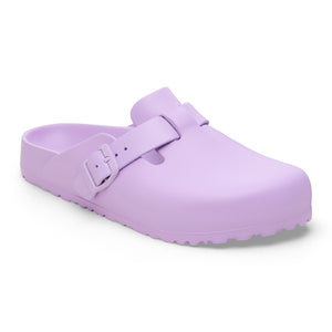 Lilac clog shoe with adjustable buckle.