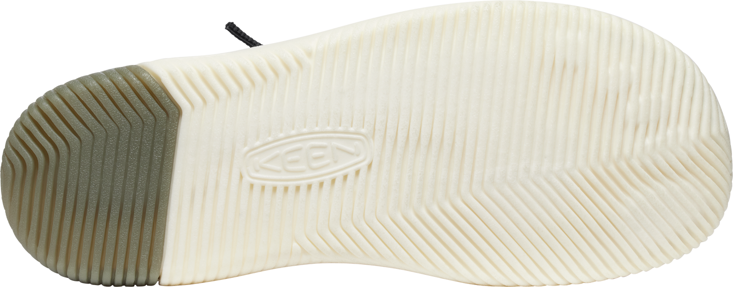 shoe sole with linear treads and a logo in the center