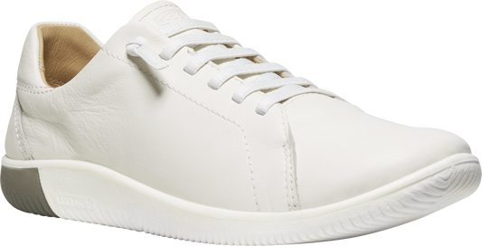 A white leather sneaker with white laces and a light gray heel.