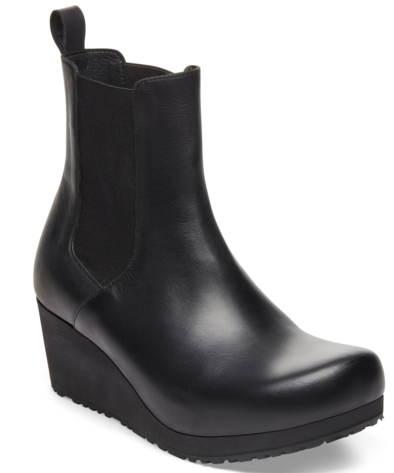 Black leather heeled Chelsea boot with elastic side panel.