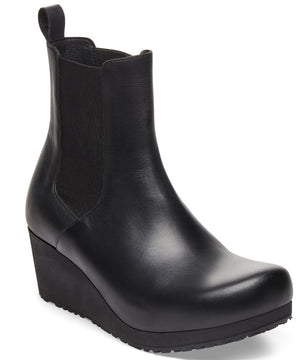 Black leather heeled Chelsea boot with elastic side panel.