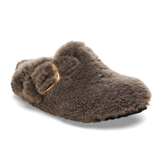 Gray fuzzy slipper with gold buckle.