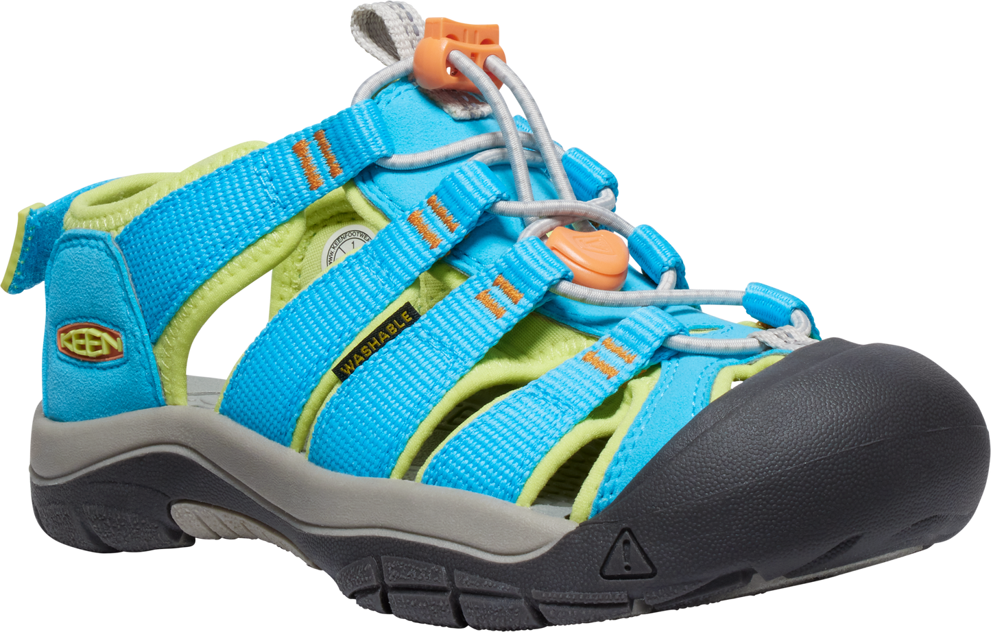 A blue and yellow sandal with a gray sole and toe cap, adjustable laces, and the word "WASHABLE" printed on the side.