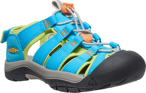 A blue and yellow sandal with a gray sole and toe cap, adjustable laces, and the word "WASHABLE" printed on the side.